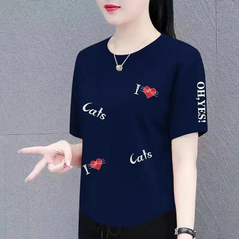 Summer Women's Cute Heart Letter Print Crew Neck Tee Casual Loose Short Sleeve T-Shirt