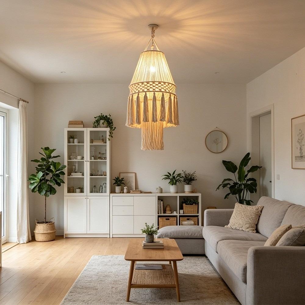 Textured Weave Bohemian Tassel Lampshade Handwoven Tassel Light Shell Living Room
