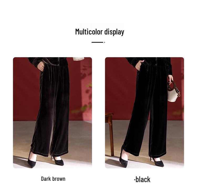 Silk Velvet High-Waist Wide-Leg Pants - Plus Size, Slimming, Mulberry Silk, Casual.