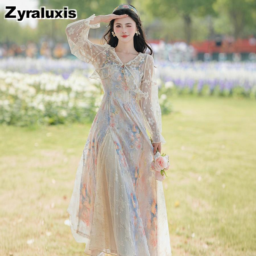 French Fairy Lace Mesh Halter Dress Vacation Maxi Skirt Floral Sundress