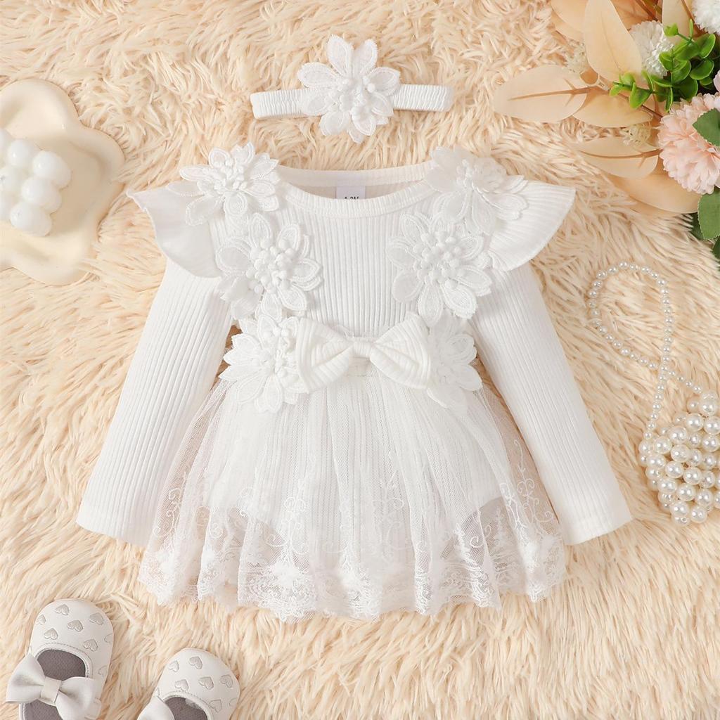 3D Flower Summer Baby Girls Romper Princess Mesh Newborn Clothes Lace Patchwork Ruffle Bodysuit Dress Headband Kids Clothing