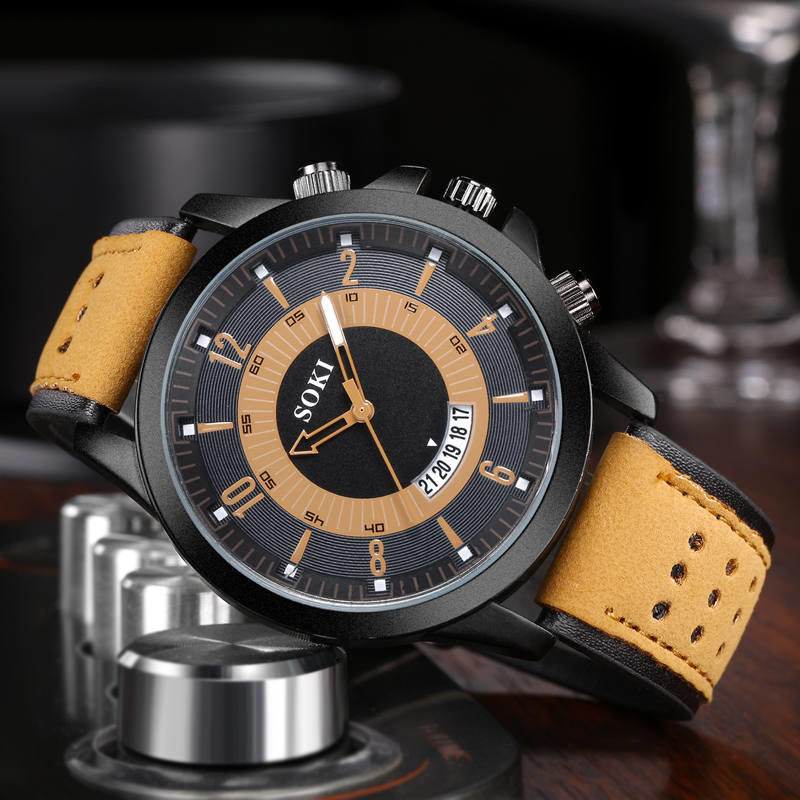 Men Leather Strap Calendar Quartz Watch Sports Wristwatch
