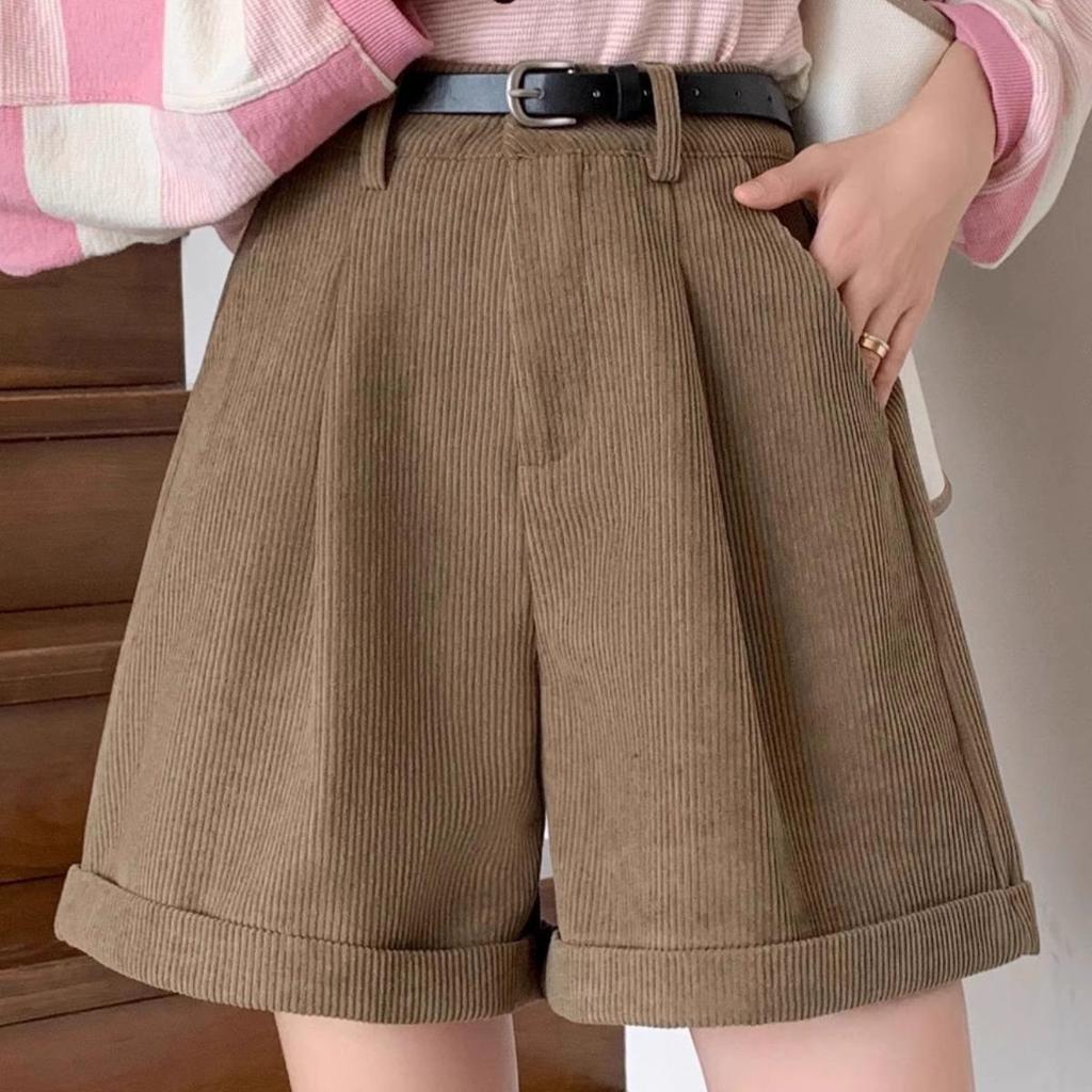 High-Waisted Corduroy A-Line Bootcut Shorts for Women - Coffee Color, Casual Autumn/Winter Wear