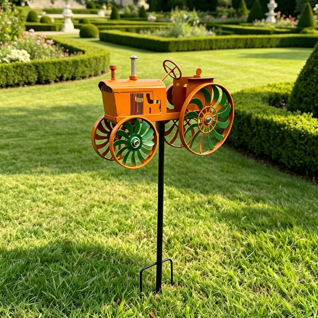 Tractor Wind Sculpture with Rotating Wheels Orange Tractor Windmill Stake Decorative Windmill for Garden Yard Patio Lawn Decor