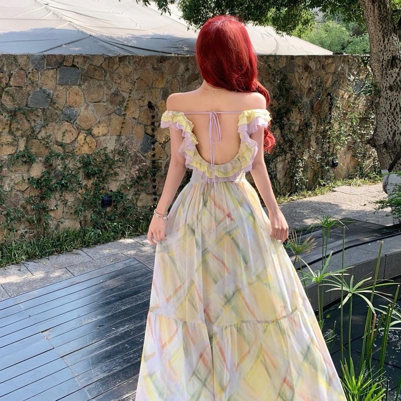 Sommerinsel Romantischer Druck Kontrastfarbe Rüschenrand Träger Großes Neckholder Taillenkleid Urlaubsfee Langes Kleid