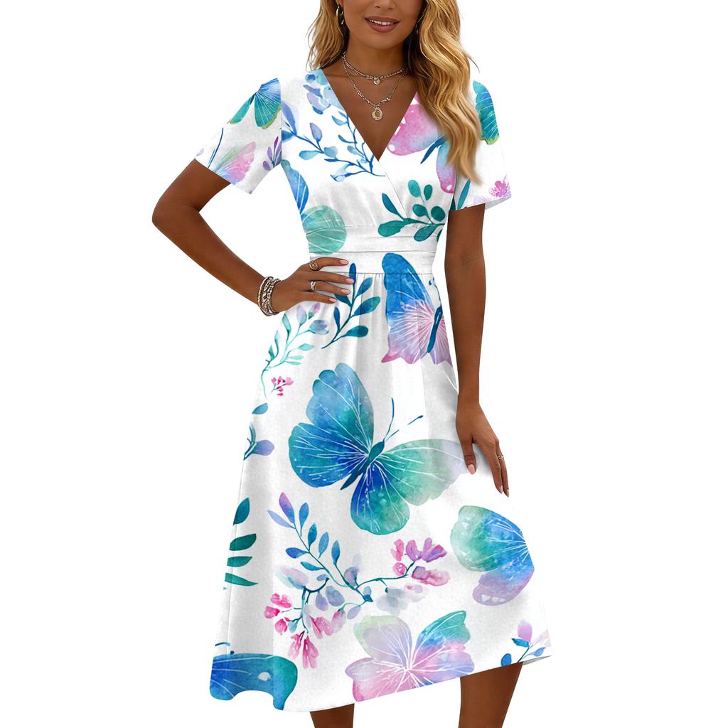 Women Short Sleeve V Neck Floral Print Casual Dress Elegant A Line Midi Dress with Waist for Daily Wear