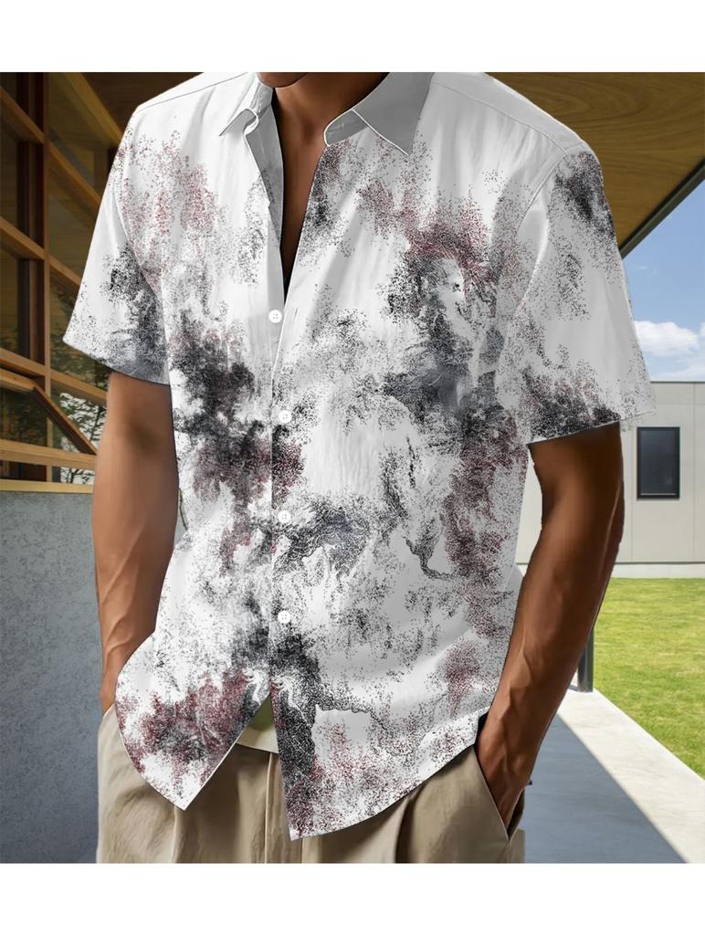 Hawaiian Tropical Ink Print Men'S Casual Shirt - Short Sleeve Button Design, Suitable for Outdoor And Leisure Wear In Summer