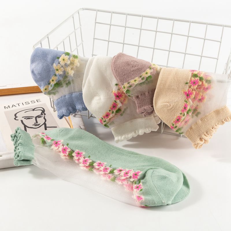 10 Pairs of Women's Thin Silk Stockings for Spring and Summer, Glass Lace Crystal Boat Socks, Cotton Socks, Breathable and Sweat-absorbent