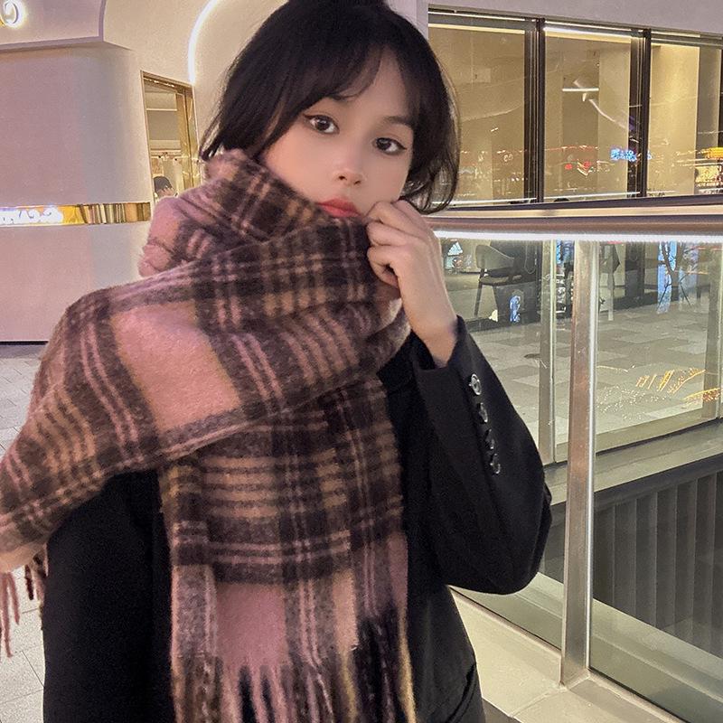 Luochi Knitting Retro Plaid Mohair Scarf - Oversized, Thick Shawl/Neck Warmer for Men and Women.