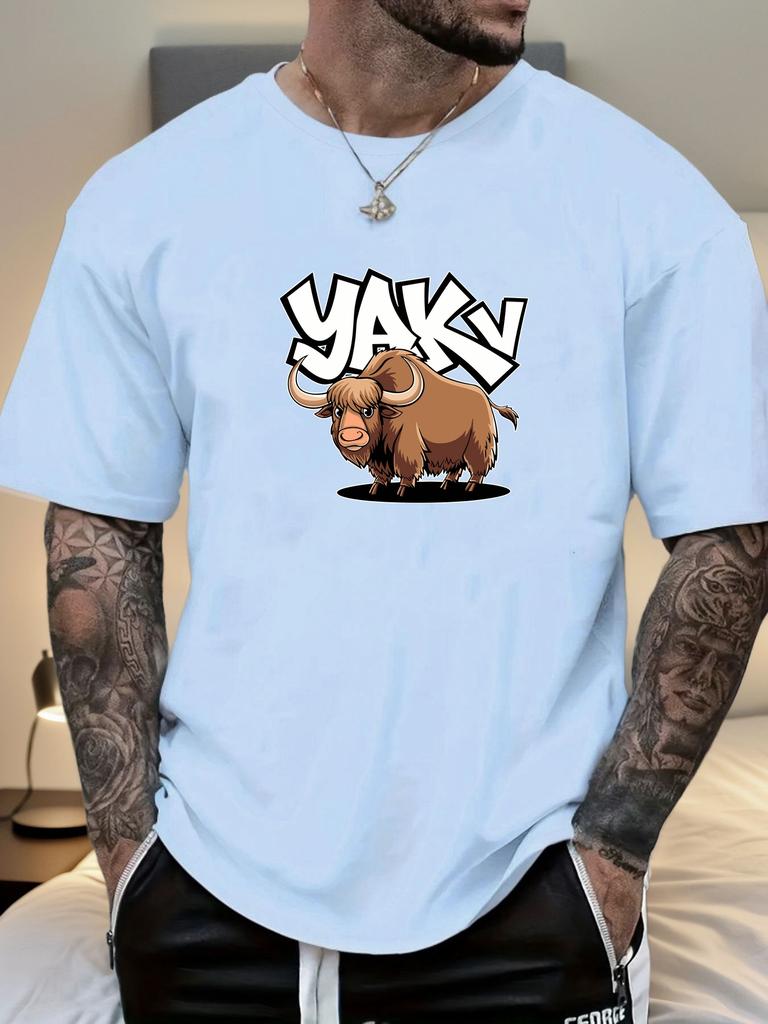 Mens Casual Tshirt Yak Cartoon Print Short Sleeve Round Neck Breathable Soft Oversized Fun Daily Wear Tee