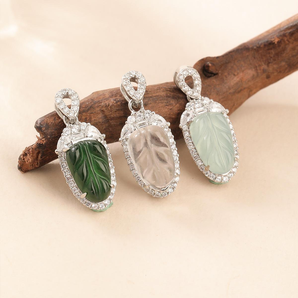 New Chinese design leaf necklace women s 925 sterling silver inlaid with natural dangerous materials jadeite blue water jadeite foam jade 925 silver
