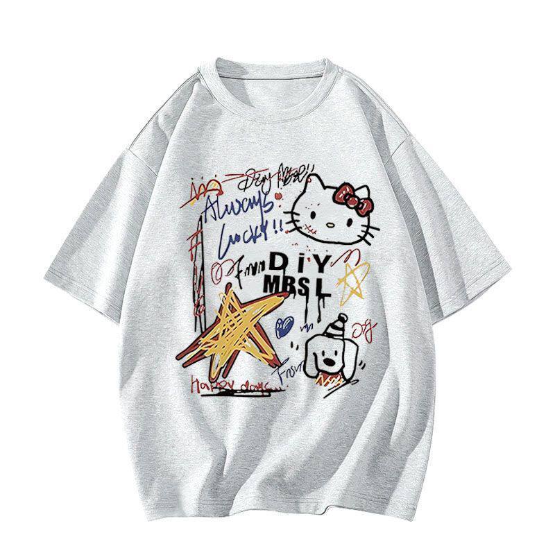 Cotton White Short-sleeved T-shirt Women's New HelloKitty Graffiti American Loose Fat MM Half-sleeved Top