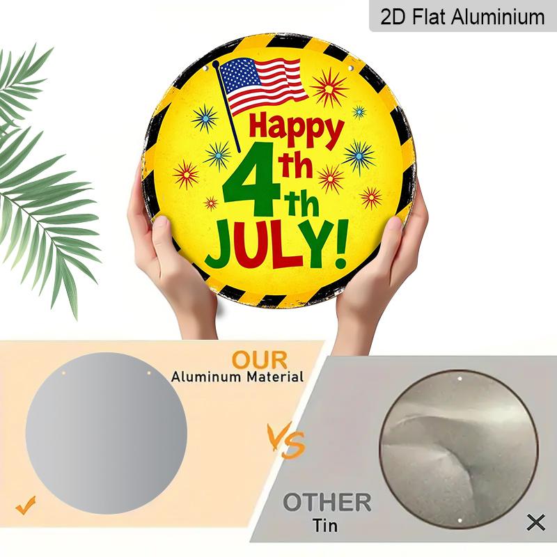 2D Flat, 1pc Round "Happy 4th of July" Aluminum Hanging Sign, Patriotic USA Flag Firework Design, Retro Yellow Black Border Metal Wall Decor, Perfect