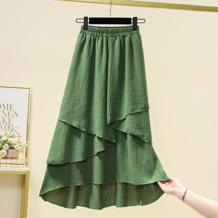 Women's Elastic High Waist Midi Skirt Loose Textured Fabric Irregular Layered Chiffon Cotton Linen Solid Color Casual Summer Half Skirt