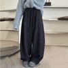 Charcoal Gray European-Style Autumn Wool-Blend Curved Wide-Leg Pants: Tapered, Fleece-Lined, Drawstring, Elastic Waistband, High Waist, Slimming.