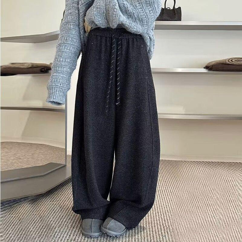 Charcoal Gray European-Style Autumn Wool-Blend Curved Wide-Leg Pants: Tapered, Fleece-Lined, Drawstring, Elastic Waistband, High Waist, Slimming.