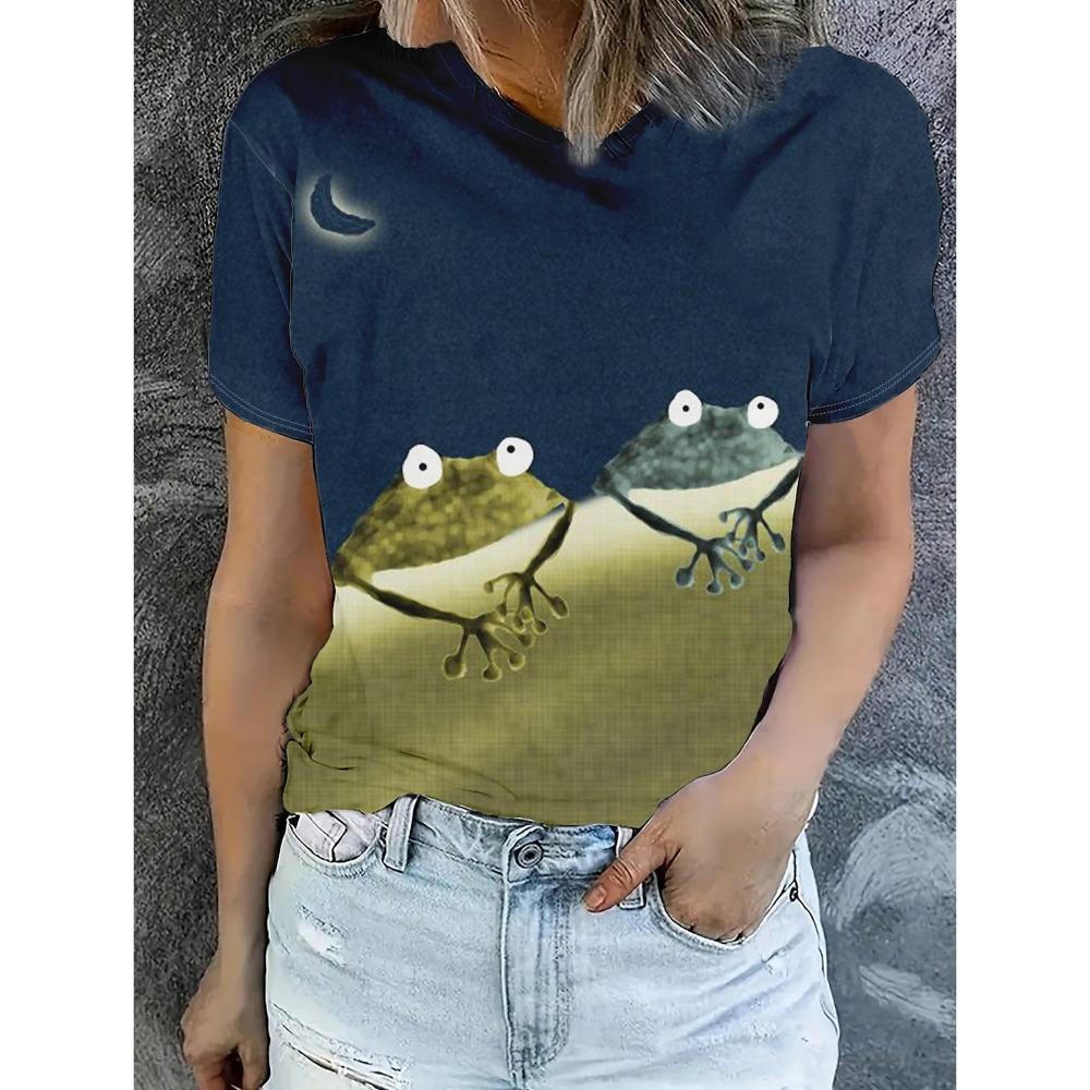 Round Neck 3D Animal Printed Top Fashionable Casual Short Sleeved Women's T-shirts - Soft Medium Stretch Polyester Fabric Summer Relaxed Fit Clothing