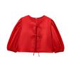 2025 Spring European & American Style Women's Satin Puff Sleeve Bow Top