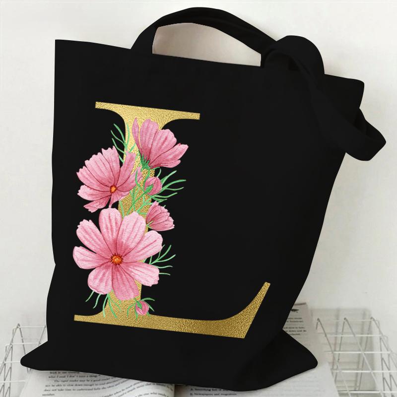 26 Golden Alphabet Floral Tote Bags for Women Large Capacity Canvas Casual New Flower Alphabet Printed Female Reusable Handbag