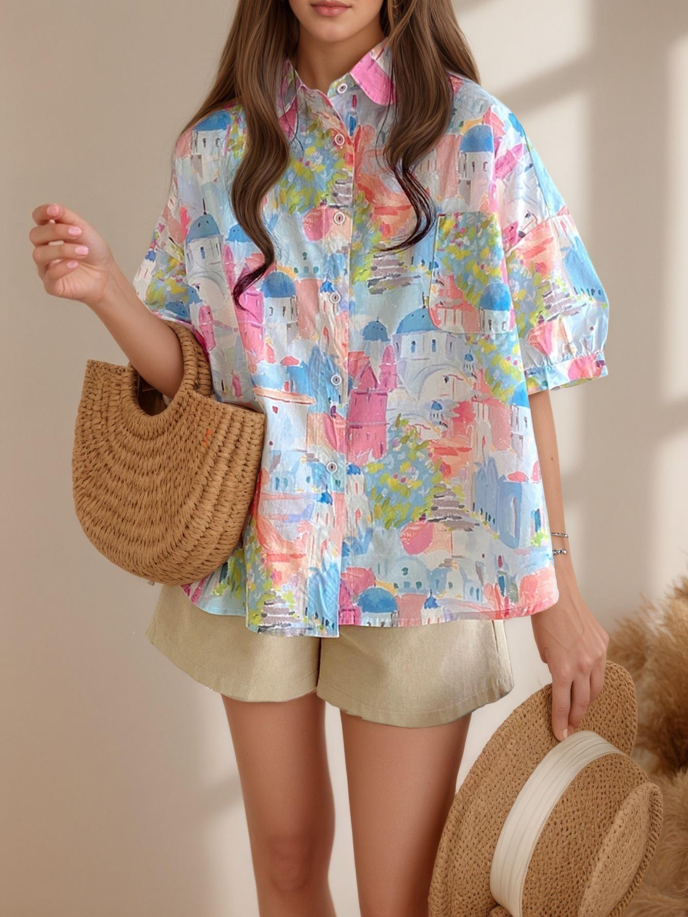 2026 Women s Hot-Selling Doll Collar Shirt: Summer Japanese/Korean Style, Short Sleeve, Mid-Length M розовый