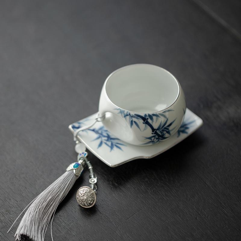 

80ml Hand Drawn Blue And White Bamboo Teacup Tea Bowl With Coaster Tea-tasting Smelling Cup Jianzhan Master Cups Saucer 200ml