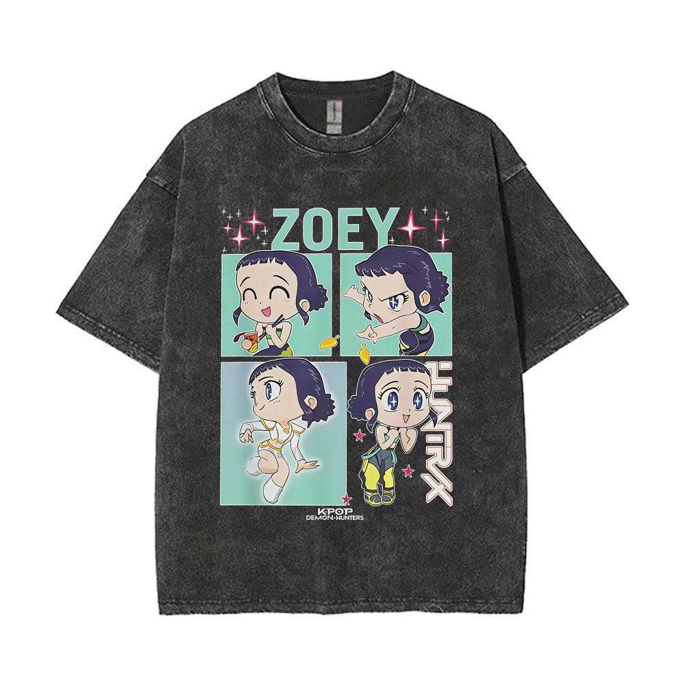 Washed Vintage Kpop Demon Hunters T-shirt Rumi Mira Zoey Saja Boys Derpy Tiger T Shirt Men Women Oversized Tshirt