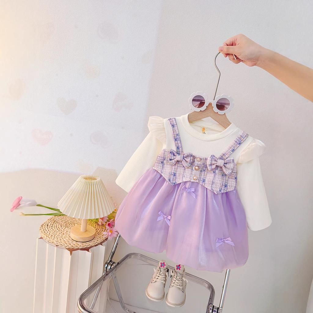 Girls Prinss Dress Spring Summer Autumn Fake Two Pie Bowknot Stylish Fashionable Versatile