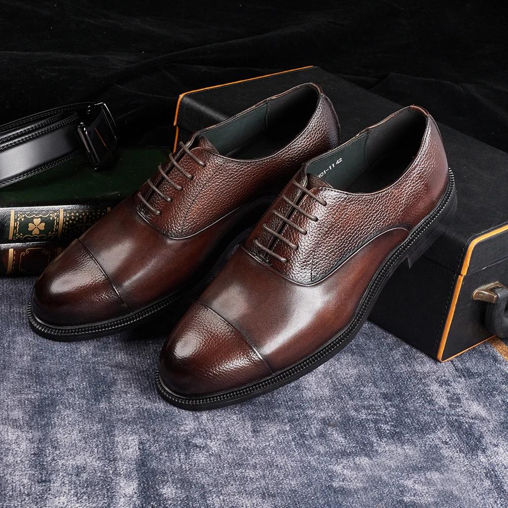 Fashion 2025 Men's Italian Style Handmade Genuine Cow Leather Oxford Dress Shoes High Quality Formal Suit Footwear for Wedding