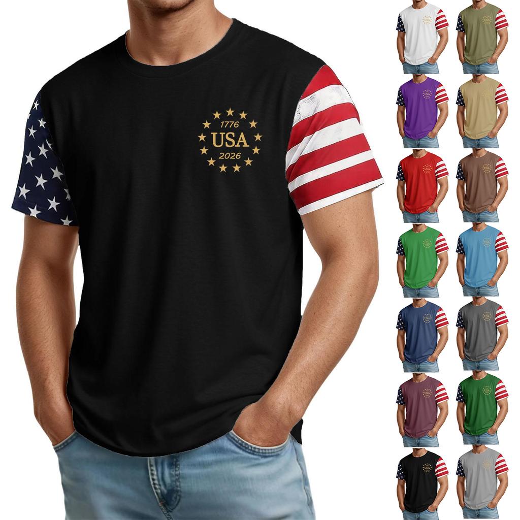 Men's Short Sleeve Crewneck T Shirt with USA Letter Print and Flag Patterned Sleeves Casual Fit Top