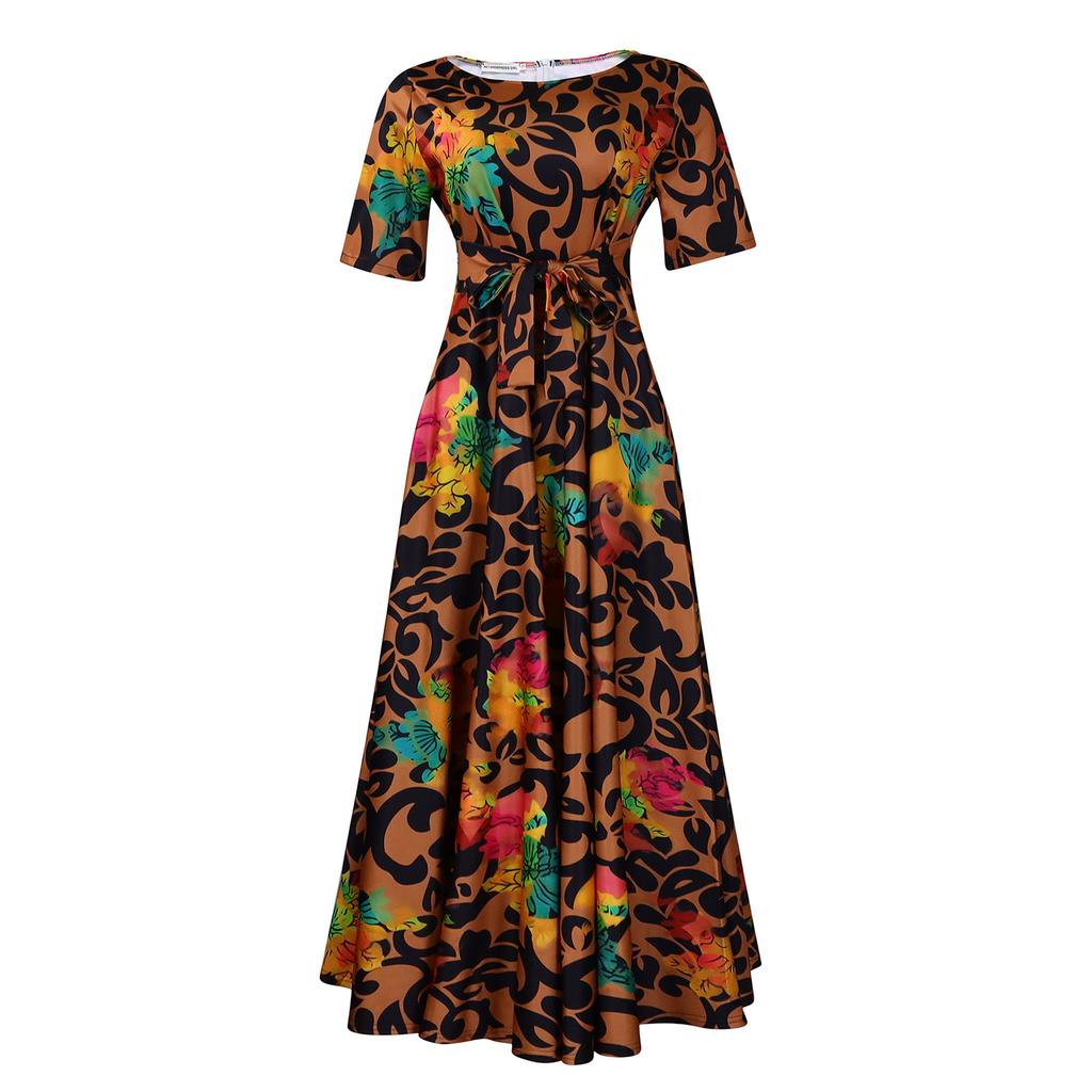 Women Fashion Plus Size Short Sleeve Lace Up Mid Length A Line Dress