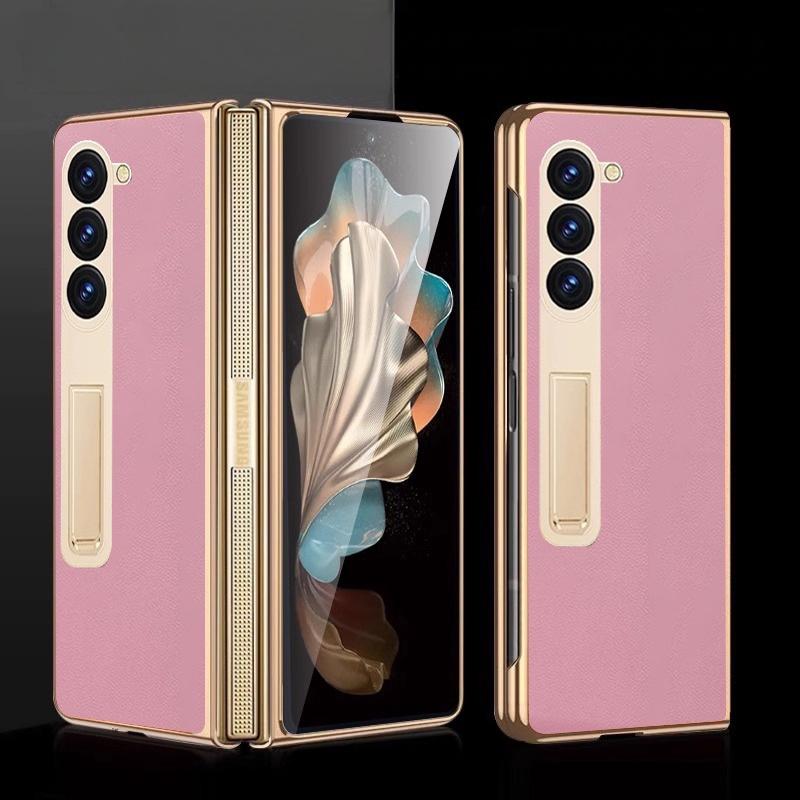 For Samsung Z Fold 7 Phone Case Electroplated Nappa Leather with HD Film Protective Cover Compatible for Samsung Z Fold 6 5 4 3