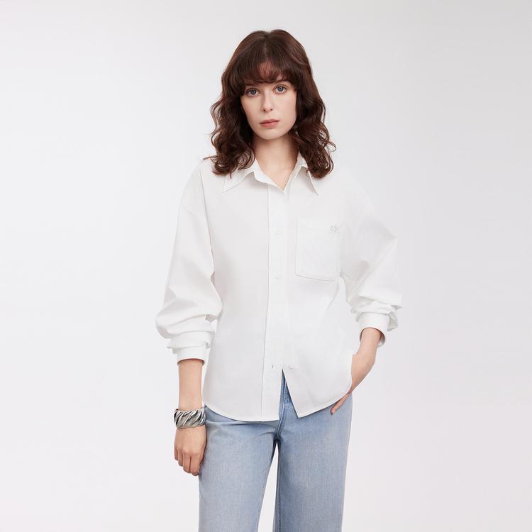 ELLE Fashionable Casual Solid Color Long Sleeve Shirt Women tops White EC50638