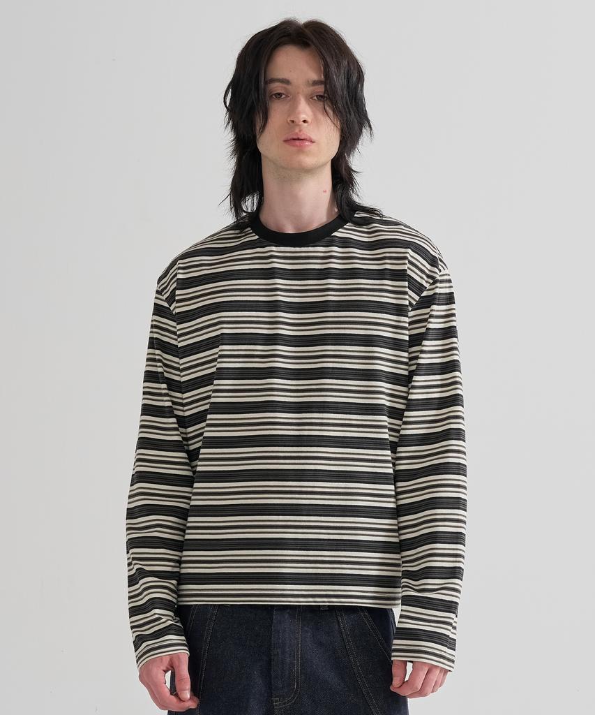 JUAN HOMME Crop Fit Striped Cotton Long Sleeve (Multi Black)