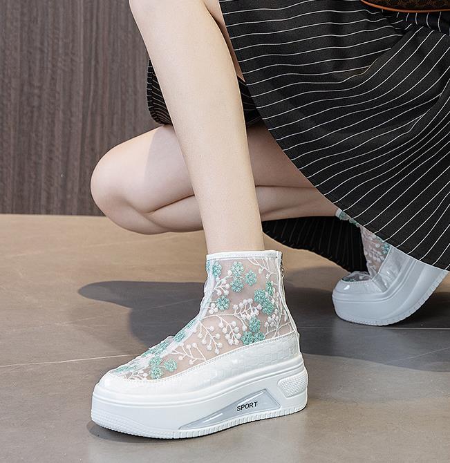 Fashion High Quality 6CM Air Mesh Lace Women Boots Platform Sandals Women Summer Shoes Breathable Zip Women Ankle Boots Spring Fashion