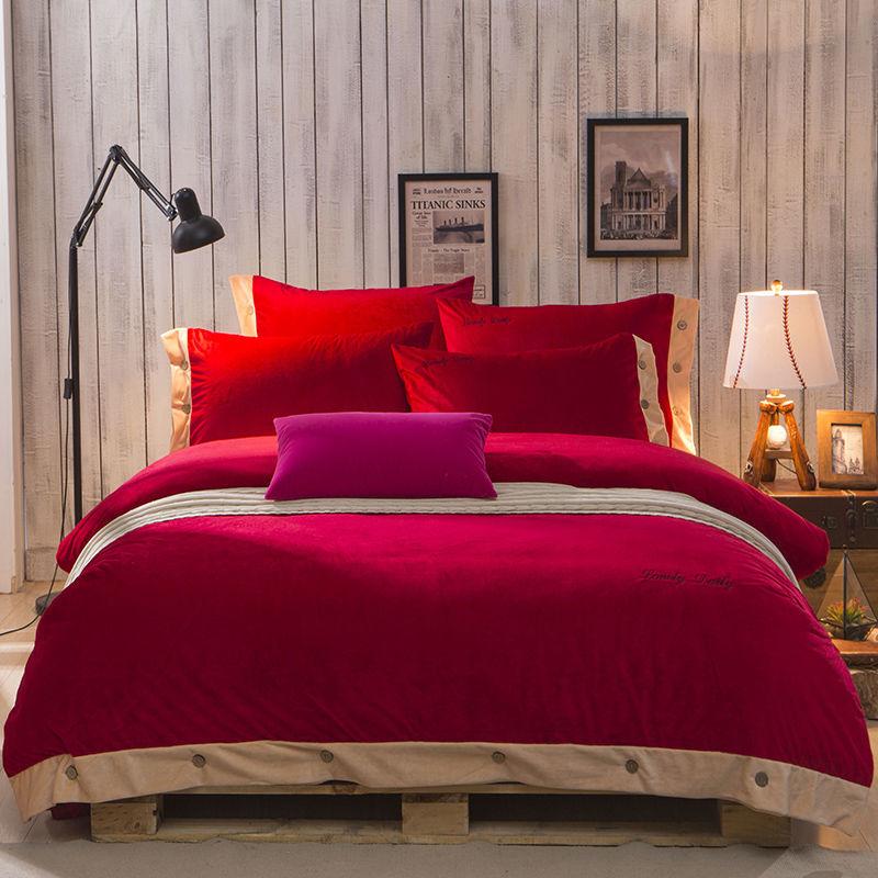 4pcs/set Pure Color Crystal Velvet Sheet Coral Velvet Thick Double-sided Duvet Cover Autumn and Winter Queen Size Bedding