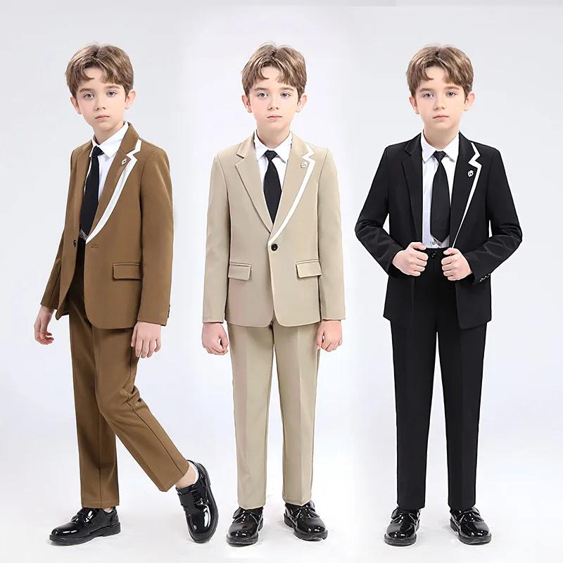 Teen Boys White Piping Suit Blazer Pants Set Kids Gentleman Formal Tuxedo Wedding Ring Bearer Piano Performance Birthday Photograph Costume for 3-14Y