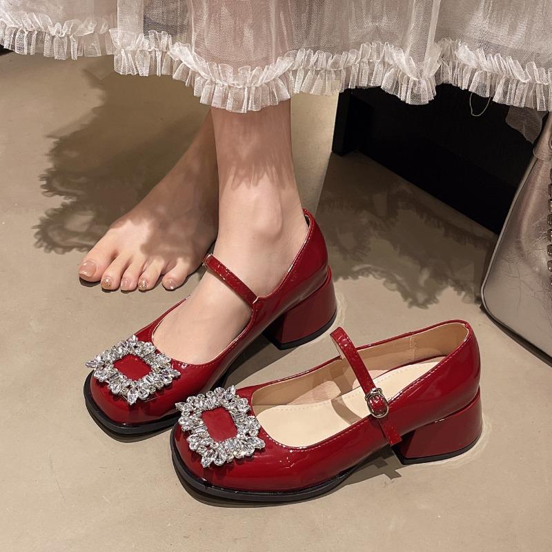 Autumn Women's Chunky Heel Mary Janes Shoes New Square Toe Rhinestones Square Buckle Heeled Shoes for Women Pumps  Shoes