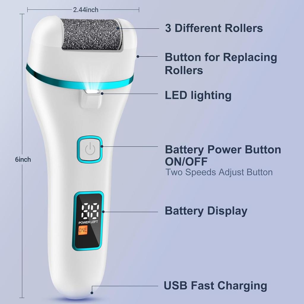 Callus Remover, Foot File Rechargeable 2 Speed, Professional Foot Scrubber with 3 Coarse Roller Heads,