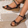 2025 Law Fashionable and Comfortable Woven Hollow Sandals New Fish Mouth Small Heel Island Vacation Style Word with Sandals Women