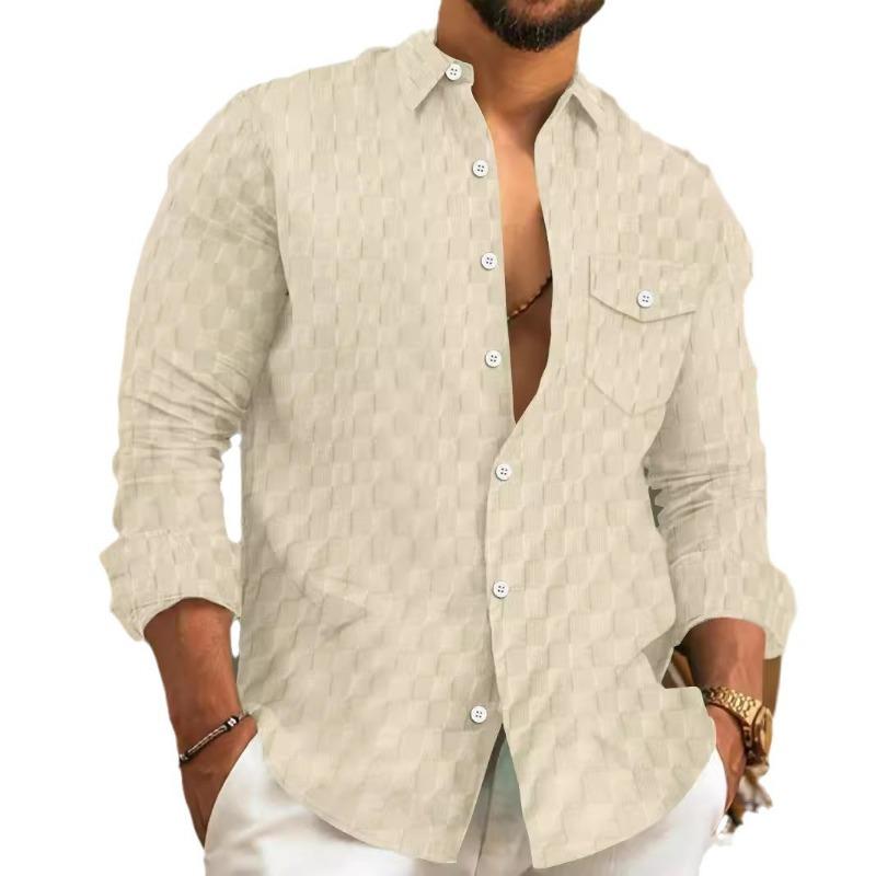 Mens Plaid Jacquard Turn Down Collar Long Sleeve Loose Casual Shirt With Chest Pocket