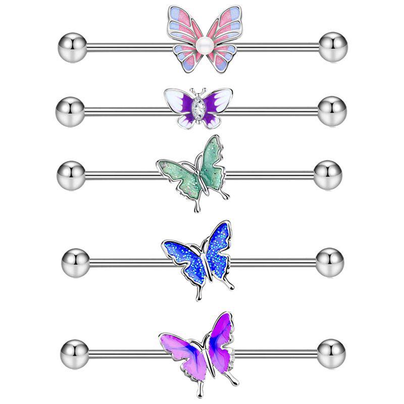 14g Industrial Barbell Pearl & Butterfly Stud Earrings with External Thread for Double Earlobe and Ear Bridge Piercing