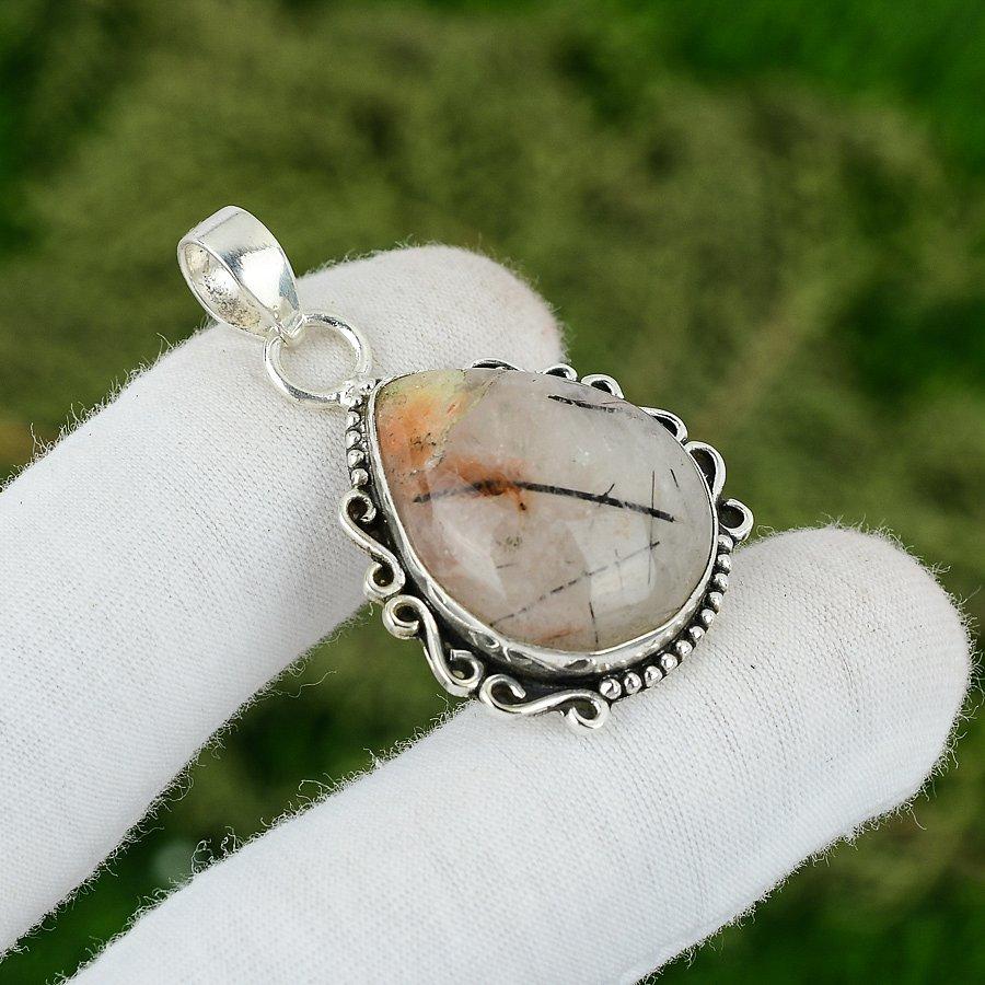 Natural Rutile Gemstone Pendant Black 925 Sterling Silver Indian Jewelry