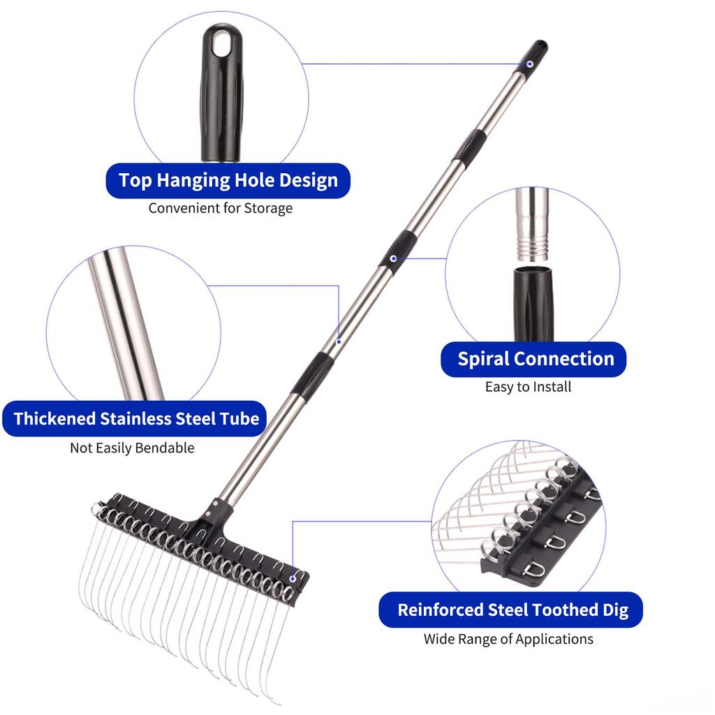Grass Farming Rake Durable Garden Leaf Rake Adjustable Ergonomic Multi-Purpose Metal Rake for Grass Leaves Gardening Lawn Shrub