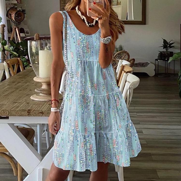 Floral Print Casual Dress Round Neck Sleeveless Mid Length Loose Spring Summer Fashion New