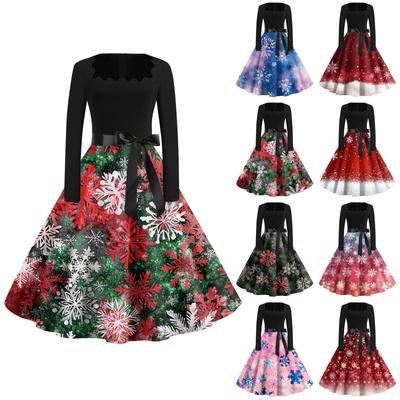 Women's Fashion Round Neck Casual Slim Christmas Printed Long Sleeve Dresses