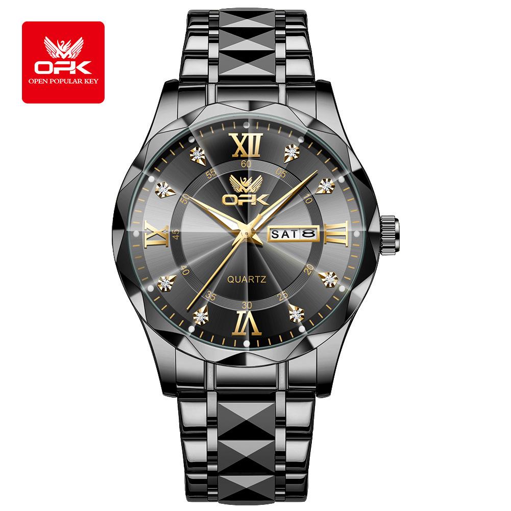 OPK Brand Original Men's Watches Waterproof Week Calendar Quartz Watch for Men Fashion Luminous Diamond Scale Watch