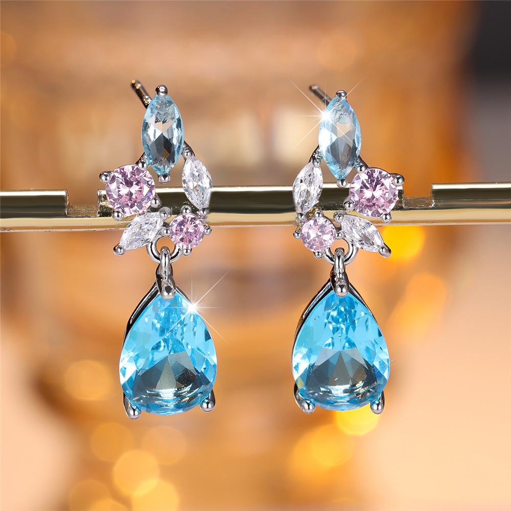Süße weibliche Kristall-Wasserblau-Zirkonstein-Steckohrringe Silberfarben Hochzeit Für Frauen