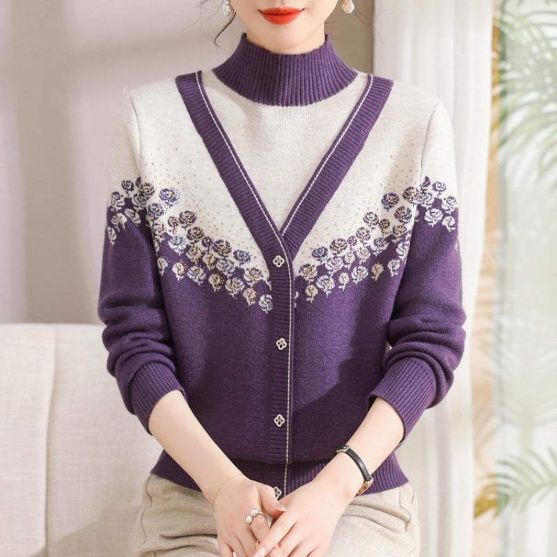 Mom autumn and winter thickened knitted sweater fake two-piece top integrated fleece women's winter fleece sweater bottoming shirt