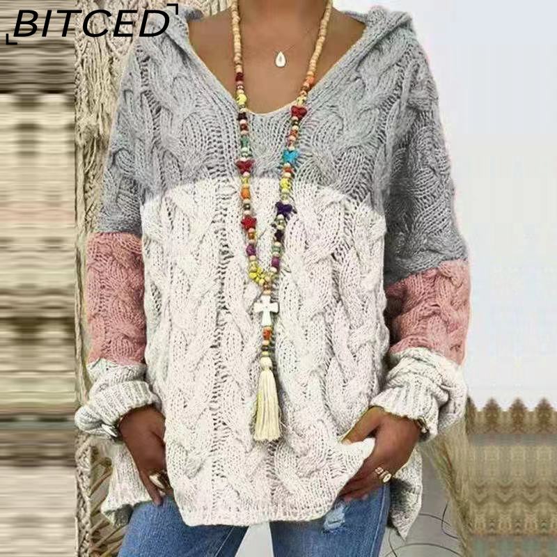 BITCED Fall/Winter Solid Color Cable-Knit Hoodie Sweatshirt for Women