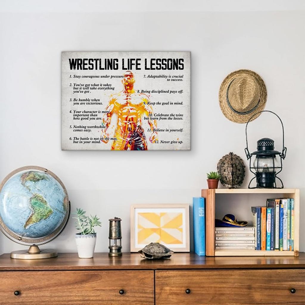 Hijie Wrestling Poster Canvas Wall Art for Home Bedroom Decor, Motivational Wrestling Life Lessons Canvas Print Painting Ready to Hang Gifts - Easel